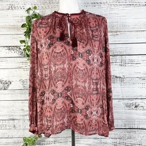 Lucky Brand Blouse Tunic Medium Coral Burgundy Paisley Tassles Boho Lagenlook